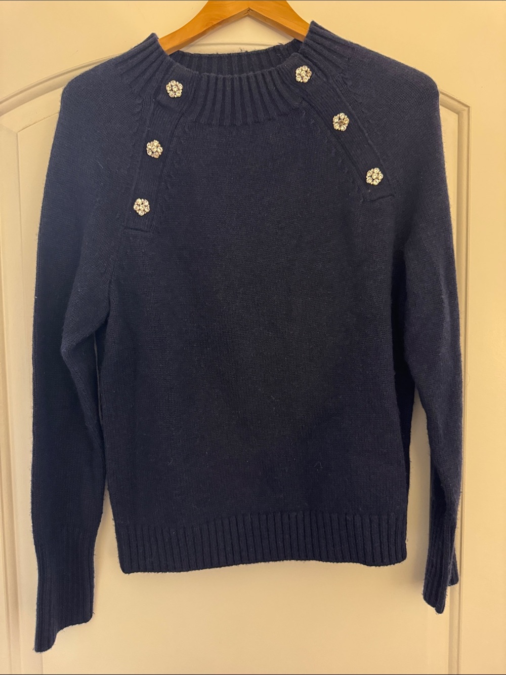 J.Crew Navy Mock Neck Sweater Crystal Flower Buttons Raglan Pullover M